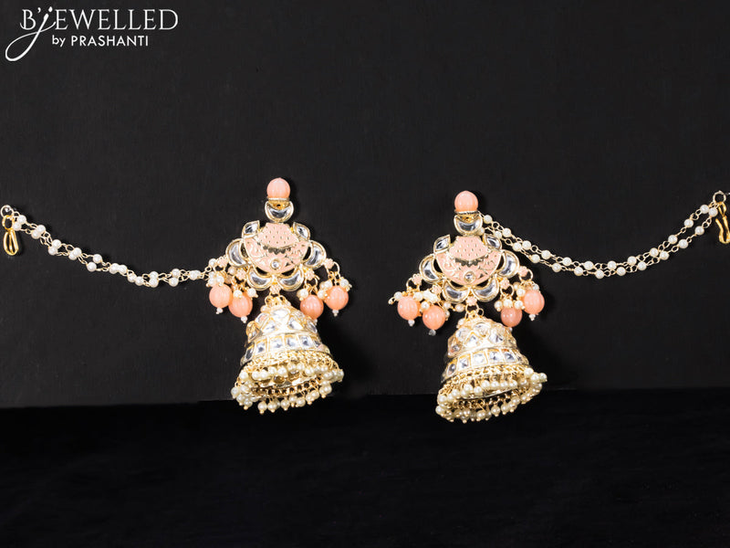 Light weight peach jhumkas with kundan stones and pearl maatal