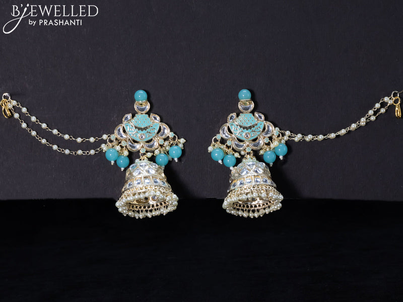 Light weight light blue jhumkas with kundan stones and pearl maatal