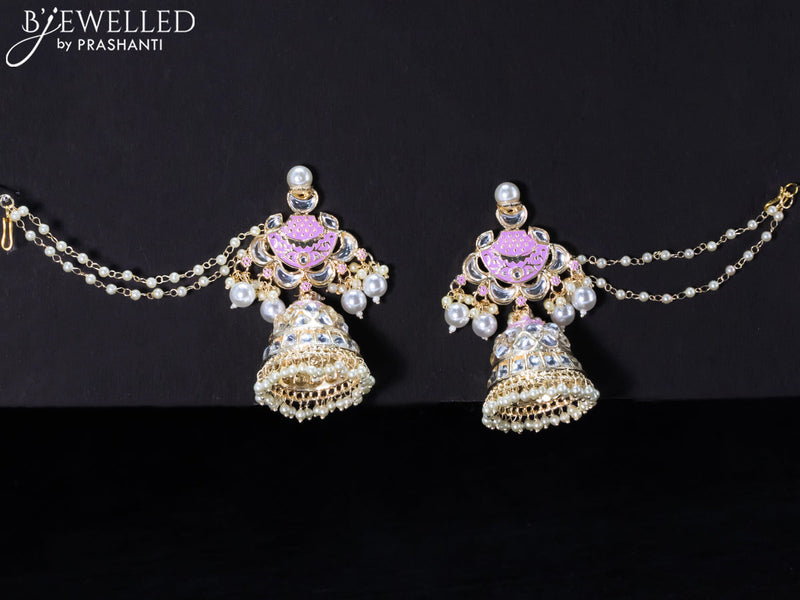 Light weight lavender jhumkas with kundan stones and pearl maatal