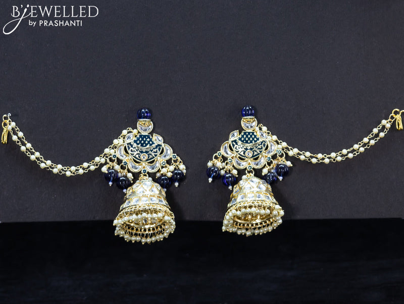 Light weight blue jhumkas with kundan stones and pearl maatal