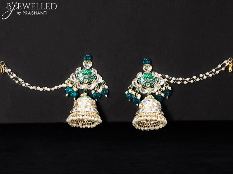 Light weight teal green jhumkas with kundan stones and pearl maatal