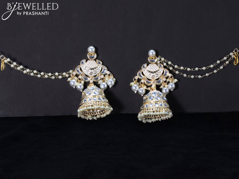 Light weight white jhumkas with kundan stones and pearl maatal