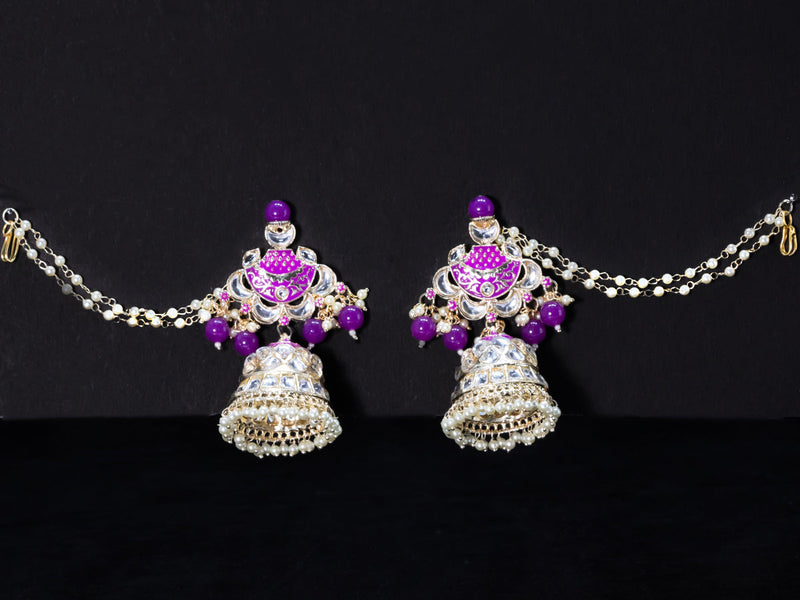 Light weight violet jhumkas with kundan stones and pearl maatal