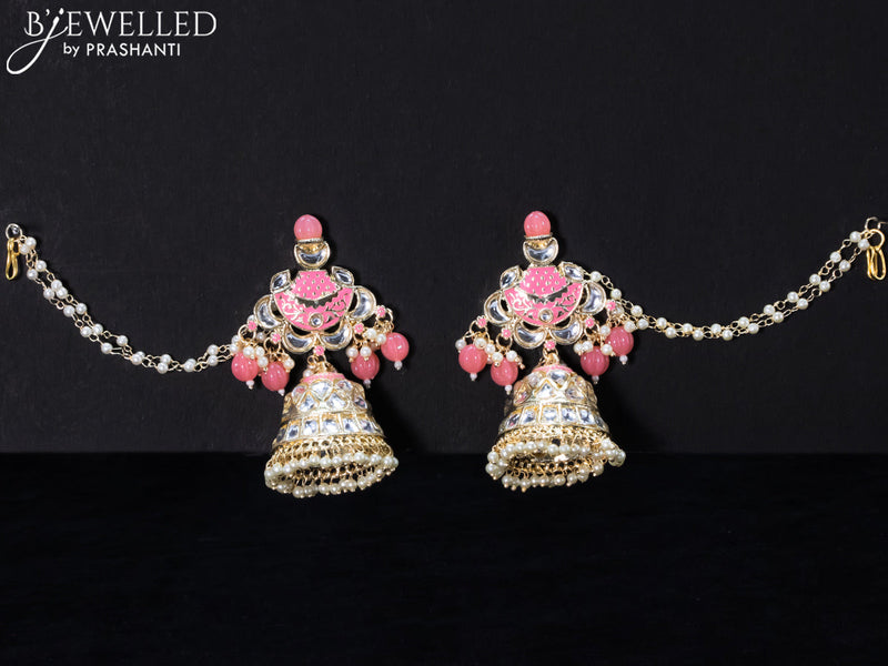 Light weight peach pink jhumkas with kundan stones and pearl maatal