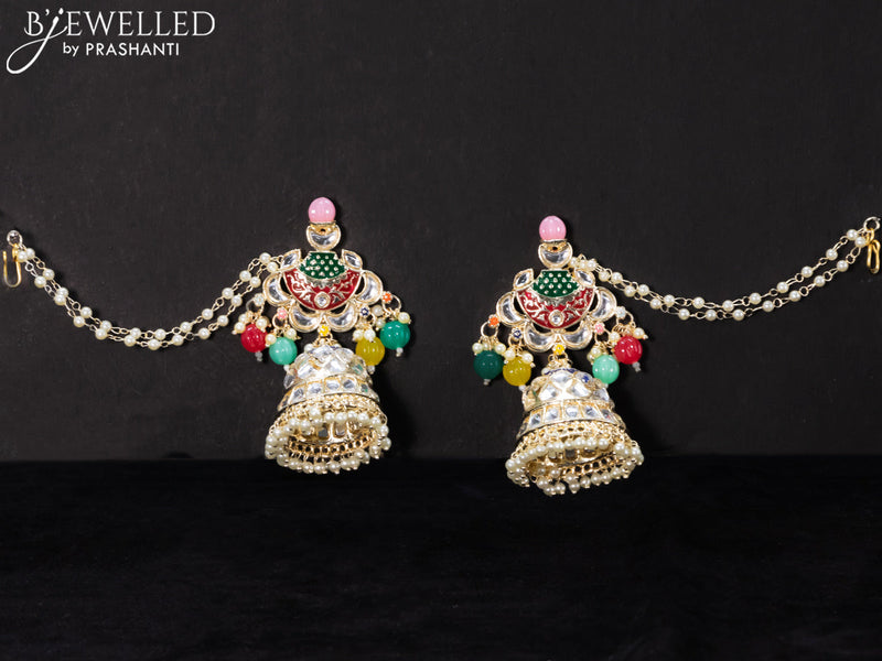 Light weight multicolour jhumkas with kundan stones and pearl maatal