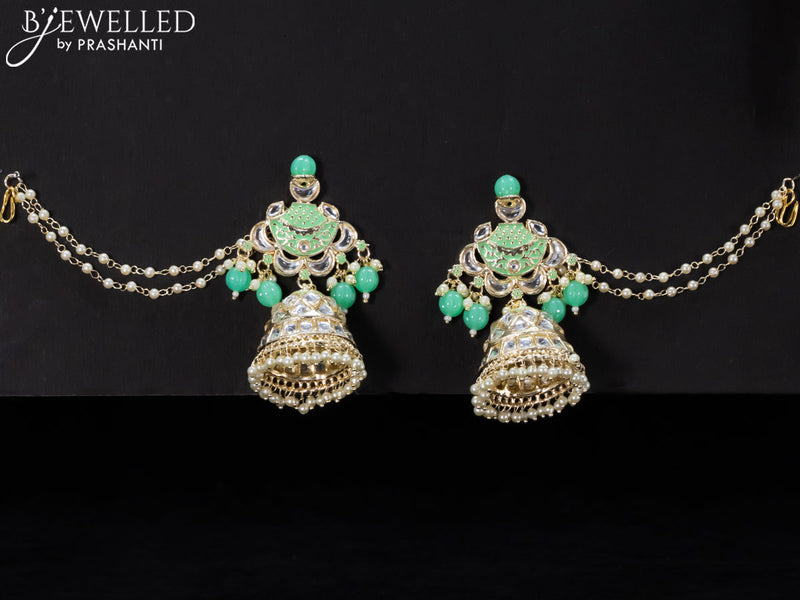 Light weight mint green jhumkas with kundan stones and pearl maatal