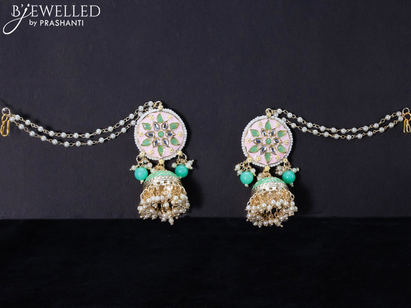 Light weight jhumkas baby pink and mint green minakari with pearl maatal