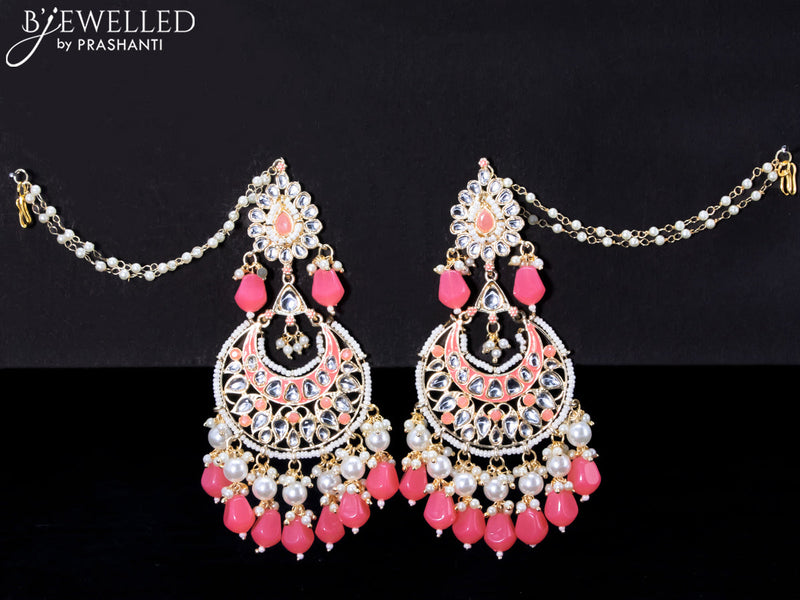 Light weight chandbali peach pink minakari earrings with pearl maatal