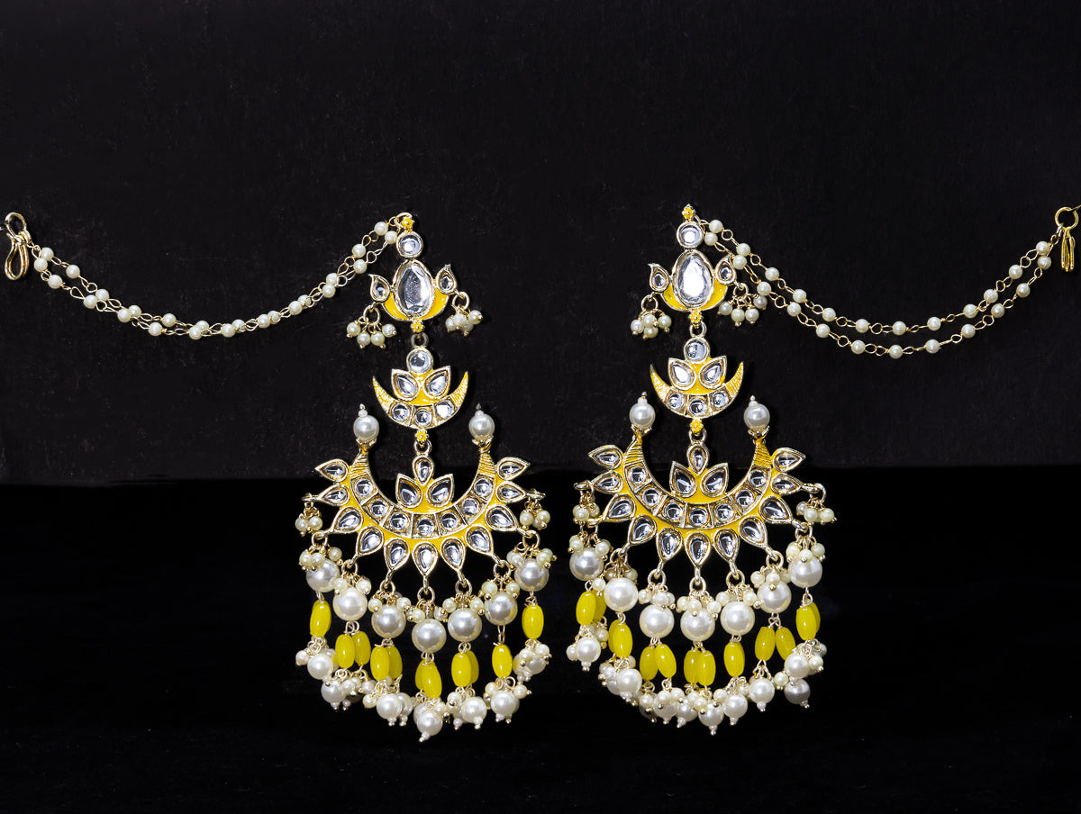 Light weight chandbali yellow minakari earrings with pearl maatal