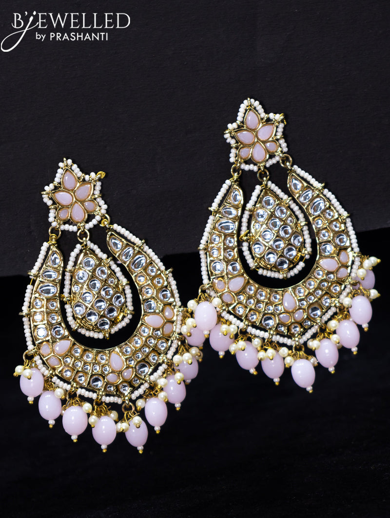 Light weight earrings baby pink and kundan stone with beads hangings