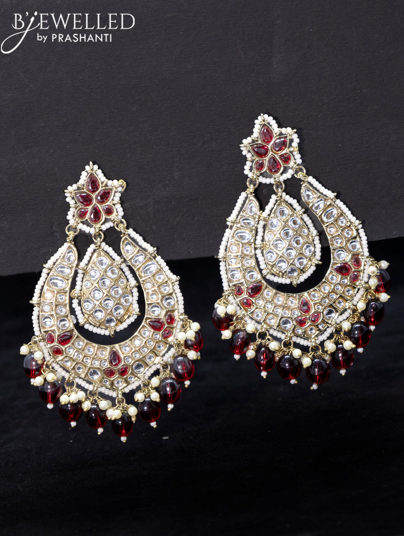 Light weight earrings maroon and kundan stone with beads hangings