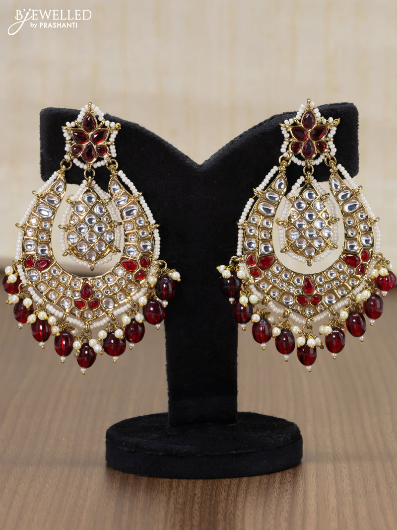 Light weight earrings maroon and kundan stone with beads hangings