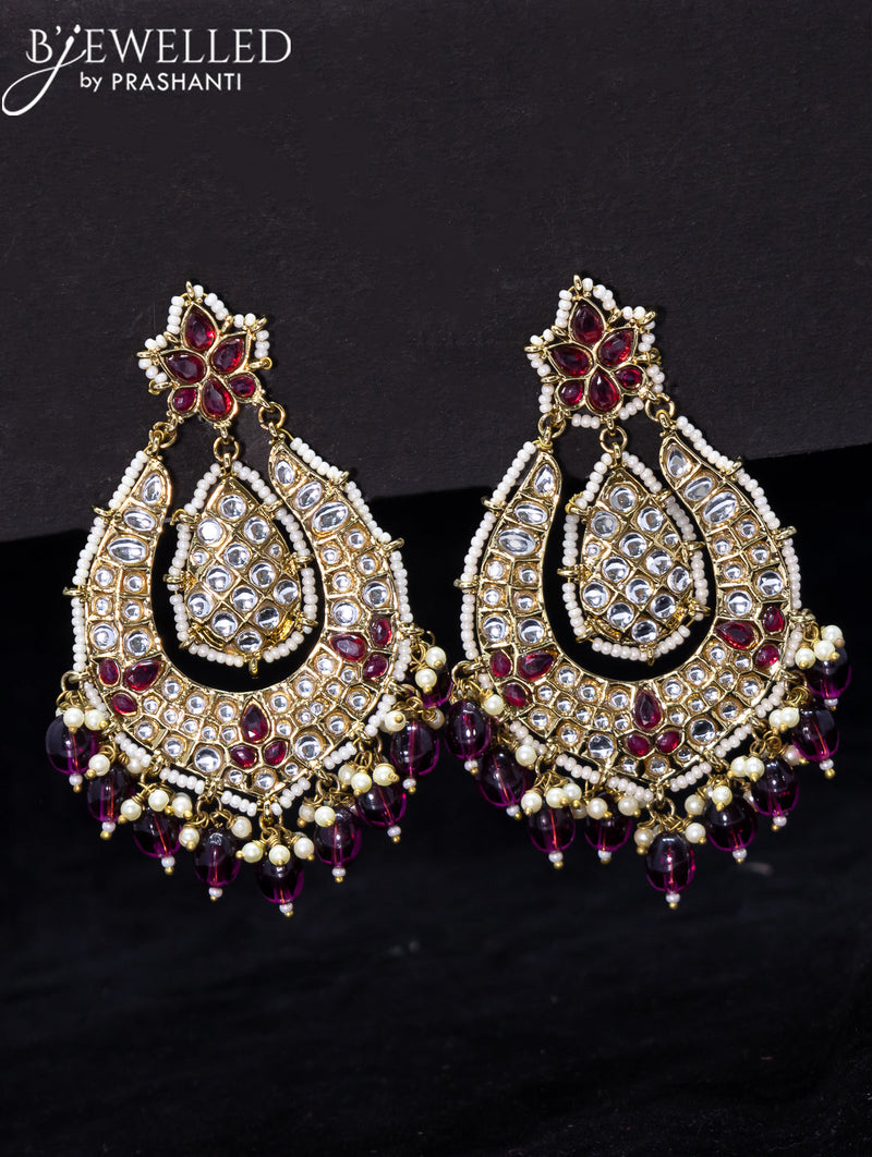 Light weight earrings purple and kundan stone with beads hangings