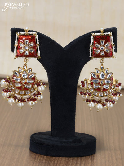 Light weight kundan stone earrings with maroon beads and pearl hangings