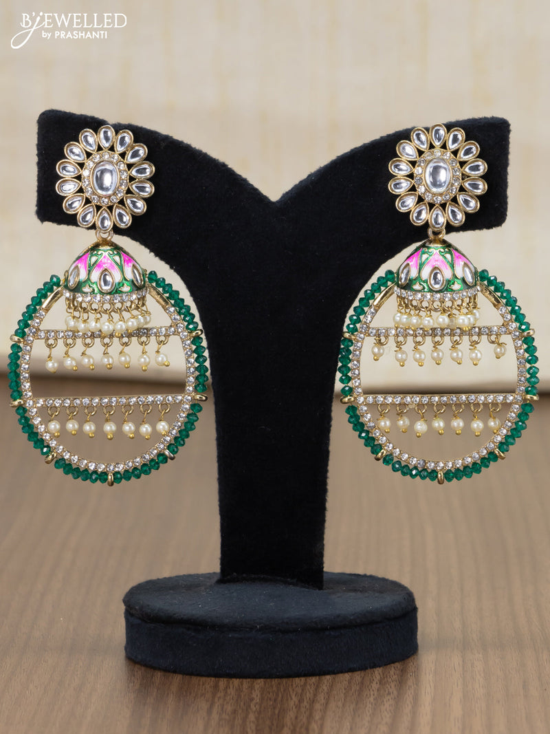 Light weight earrings with kundan stone and green crystal beads