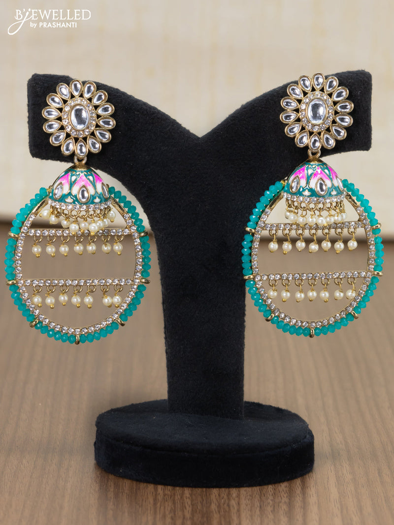 Light weight earrings with kundan stone and teal green crystal beads