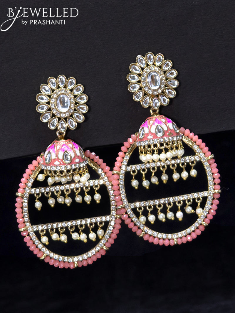 Light weight earrings with kundan stone and peach pink crystal beads