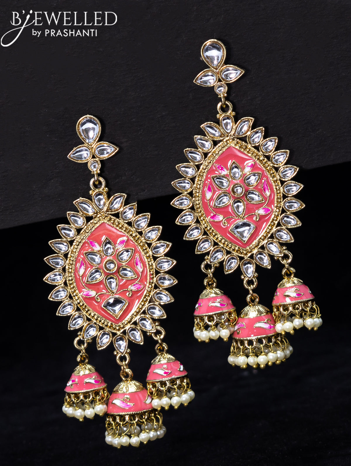 Light weight peach minakari jhumka with kundan stones