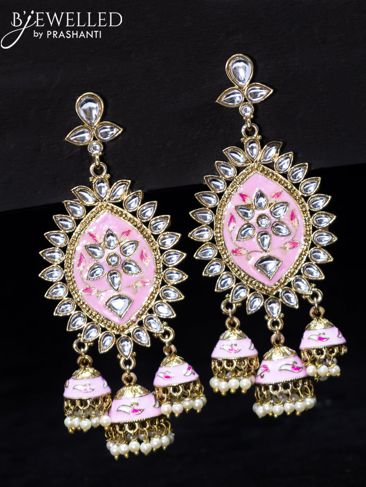 Light weight baby pink minakari jhumka with kundan stones