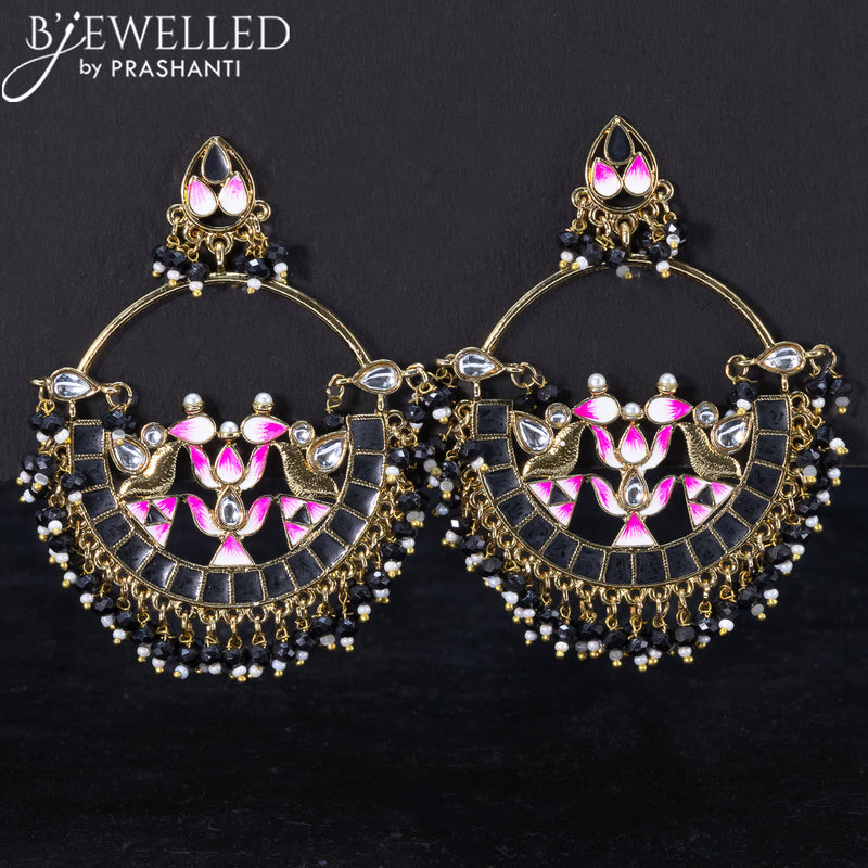 Light weight lotus design earrings with cz stone and black beads hangings