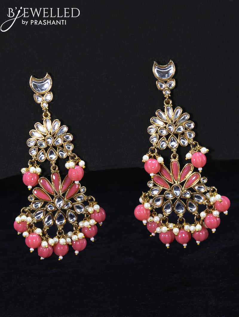 Light weight earrings with kundan stone and peach pink beads hangings