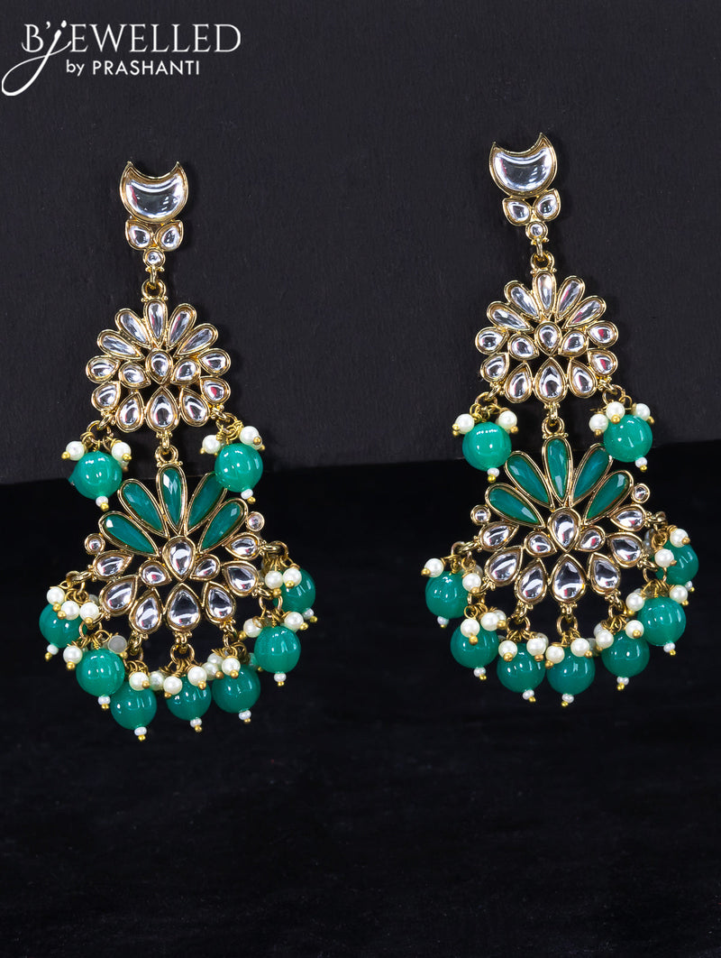 Light weight earrings with kundan stone and teal green beads hangings