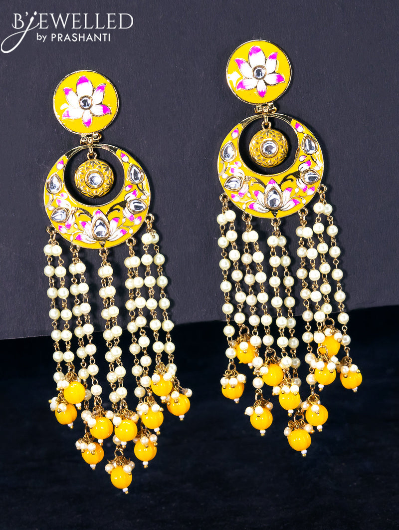 Light weight chandbali yellow minakari earrings with pearl and beads hangings