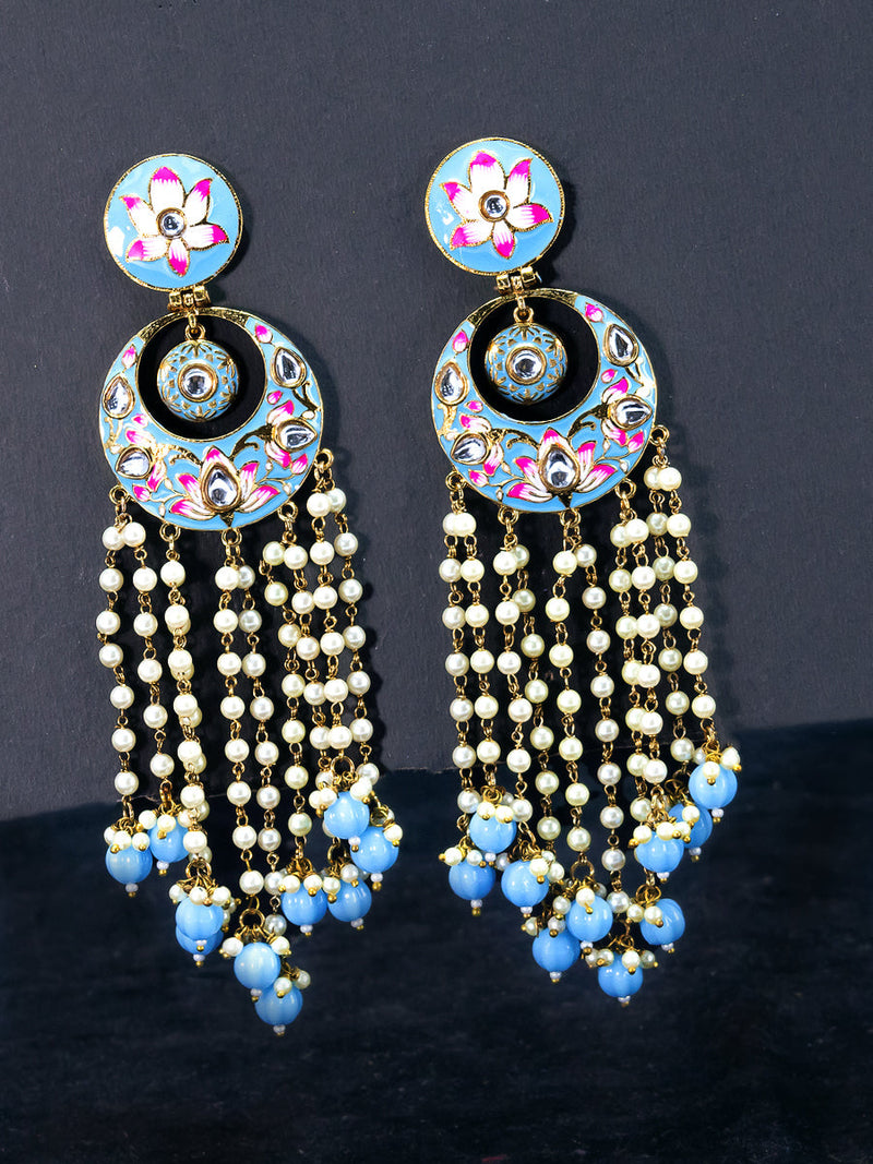 Light weight chandbali light blue minakari earrings with pearl and beads hangings
