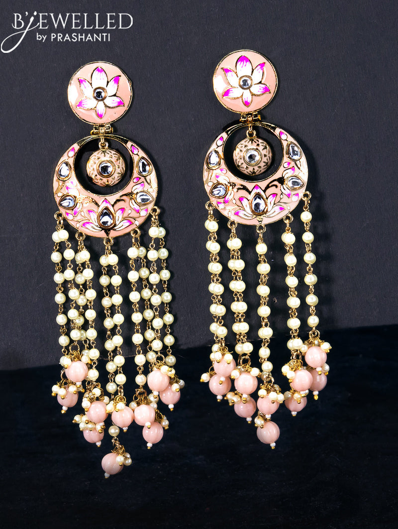 Light weight chandbali peach minakari earrings with pearl and beads hangings