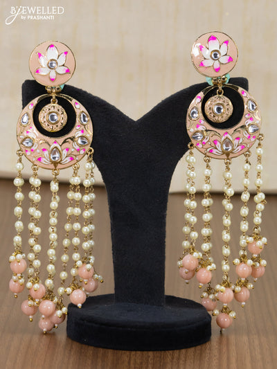 Light weight chandbali peach minakari earrings with pearl and beads hangings