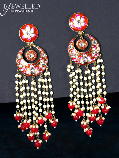 Light weight chandbali red minakari earrings with pearl and beads hangings