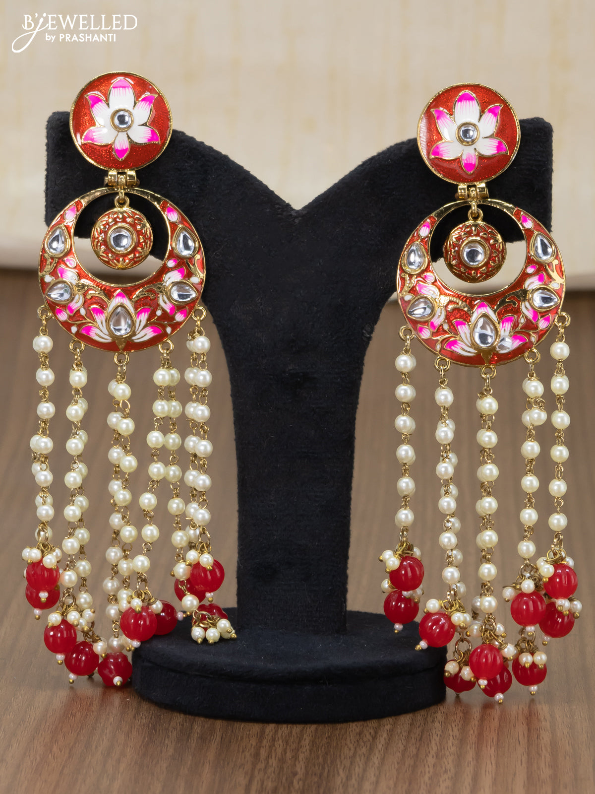 Light weight chandbali red minakari earrings with pearl and beads hangings