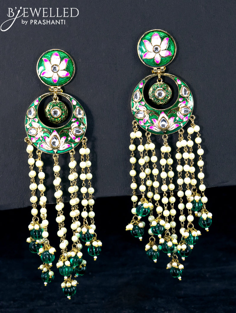 Light weight chandbali green minakari earrings with pearl and beads hangings