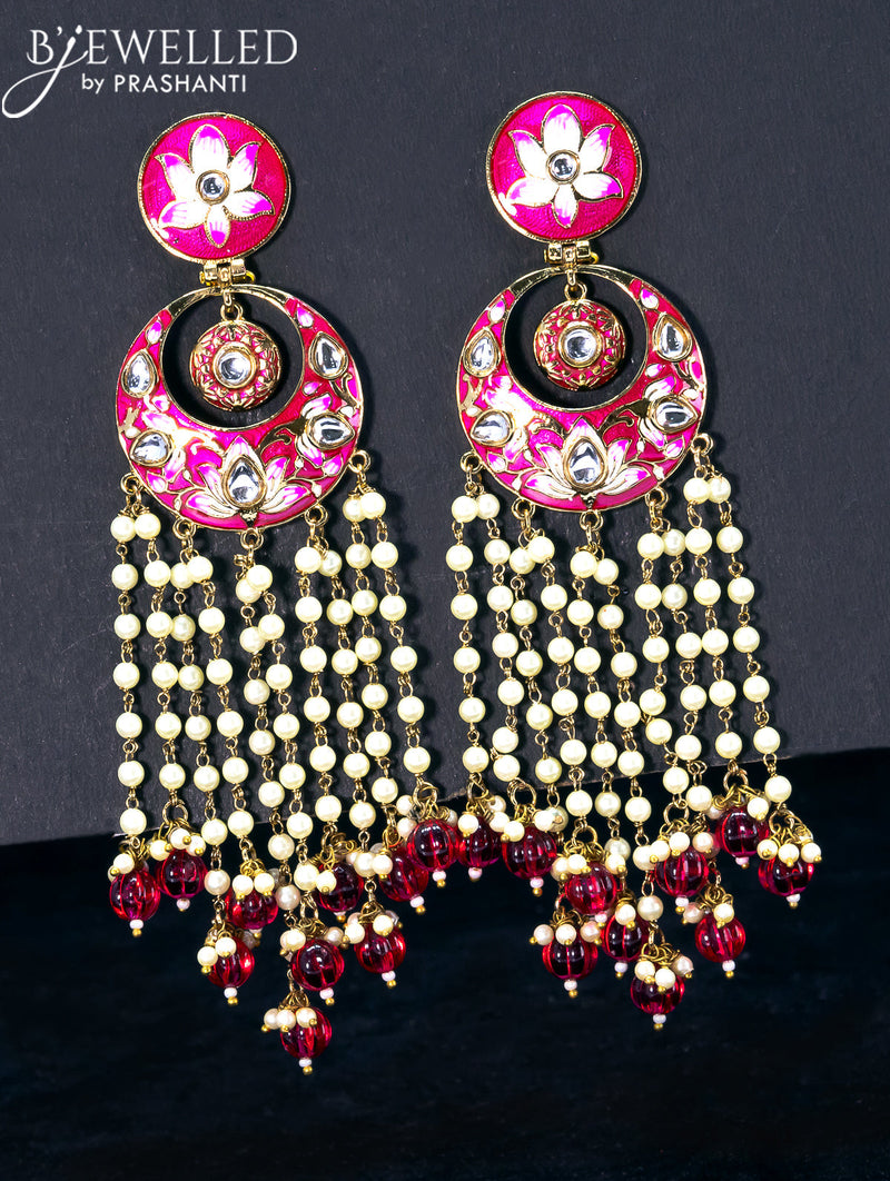 Light weight chandbali pink minakari earrings with pearl and beads hangings