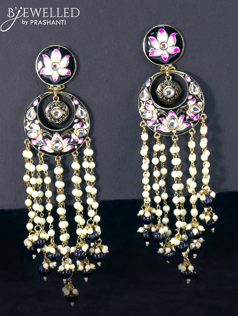 Light weight chandbali black minakari earrings with pearl and beads hangings