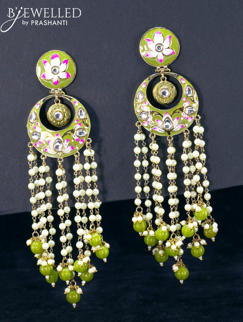 Light weight chandbali olive green minakari earrings with pearl and beads hangings