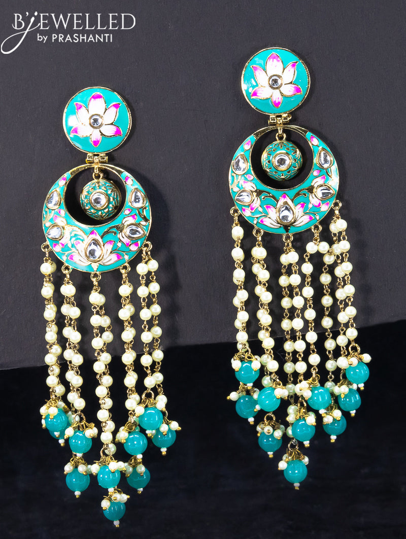 Light weight chandbali teal blue minakari earrings with pearl and beads hangings