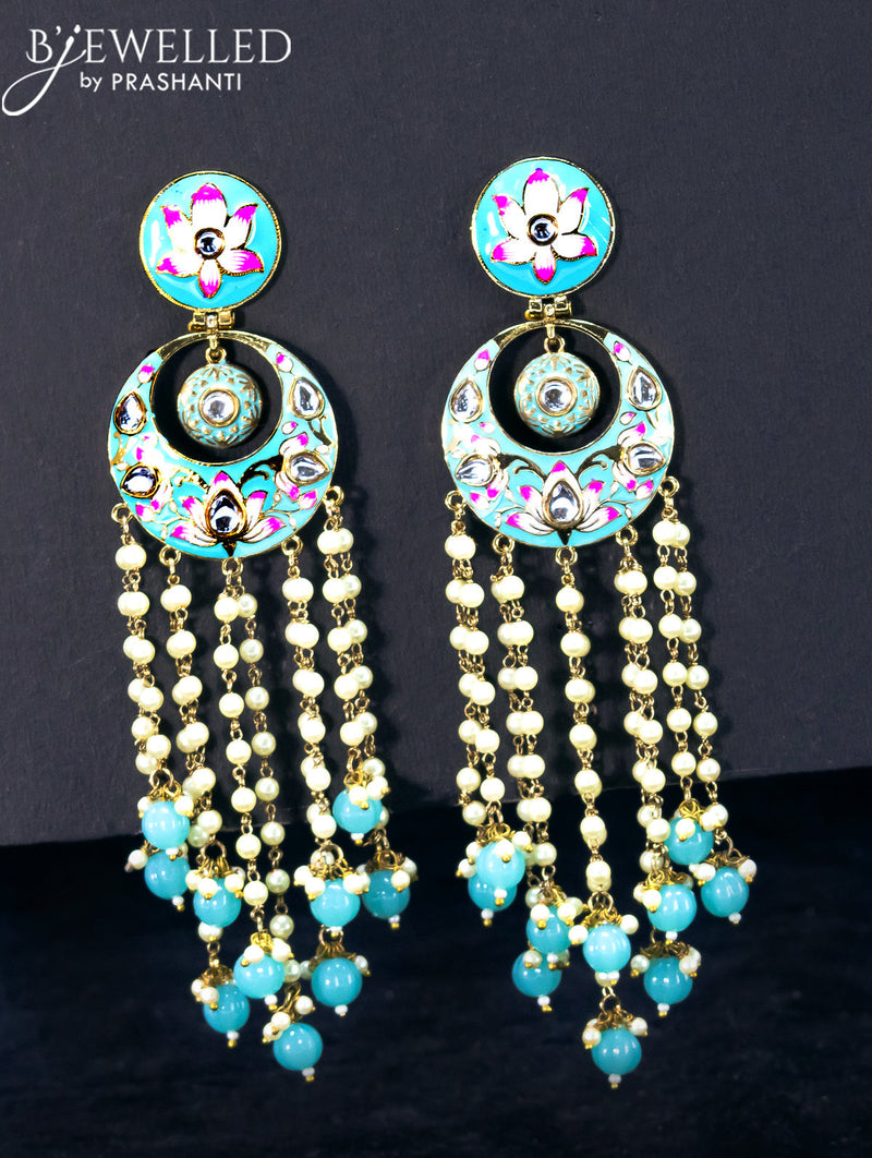 Light weight chandbali light blue minakari earrings with pearl and beads hangings