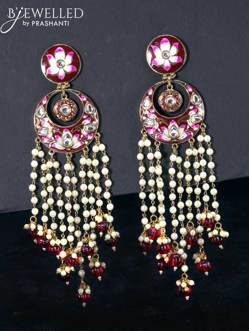 Light weight chandbali maroon minakari earrings with pearl and beads hangings