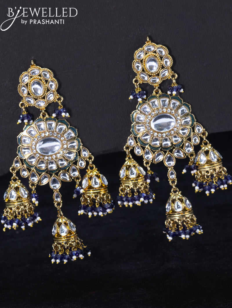 Light weight jhumka with kundan stones and blue beads hangings
