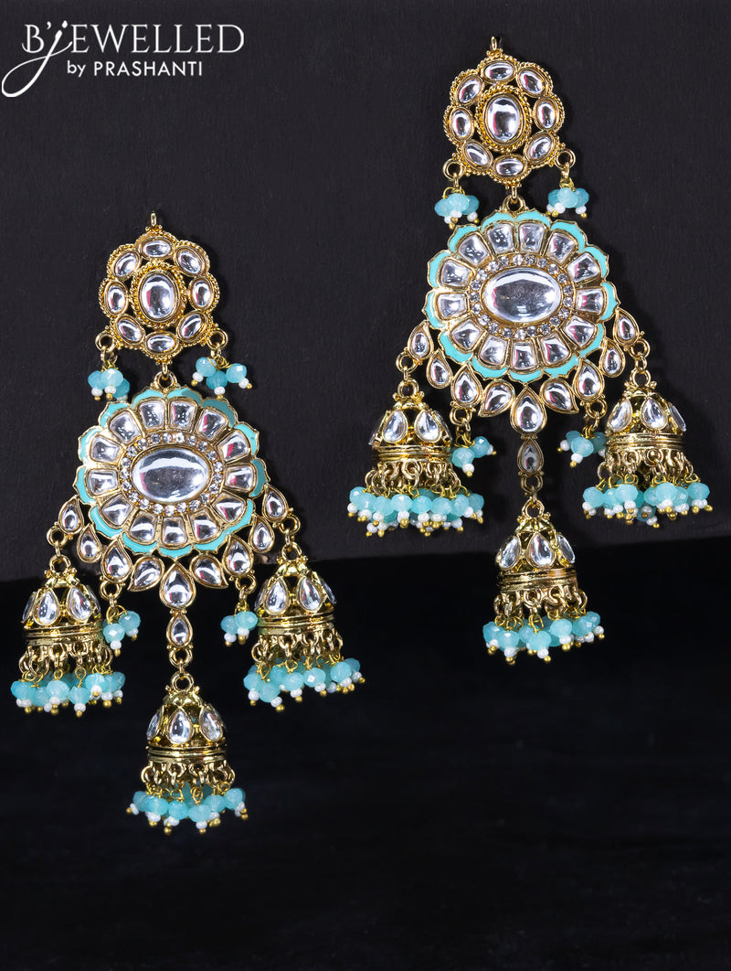 Light weight jhumka with kundan stones and light blue beads hangings