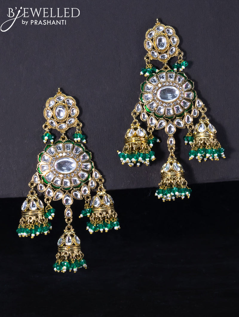 Light weight jhumka with kundan stones and green beads hangings