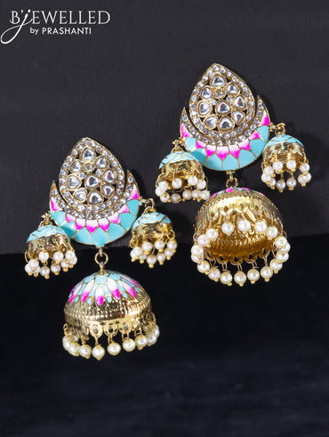 Light weight jhumka with light blue minakari and pearl hangings