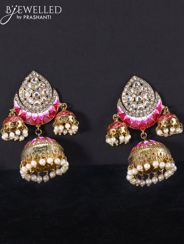 Light weight jhumka with red minakari and pearl hangings