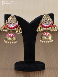 Light weight jhumka with red minakari and pearl hangings
