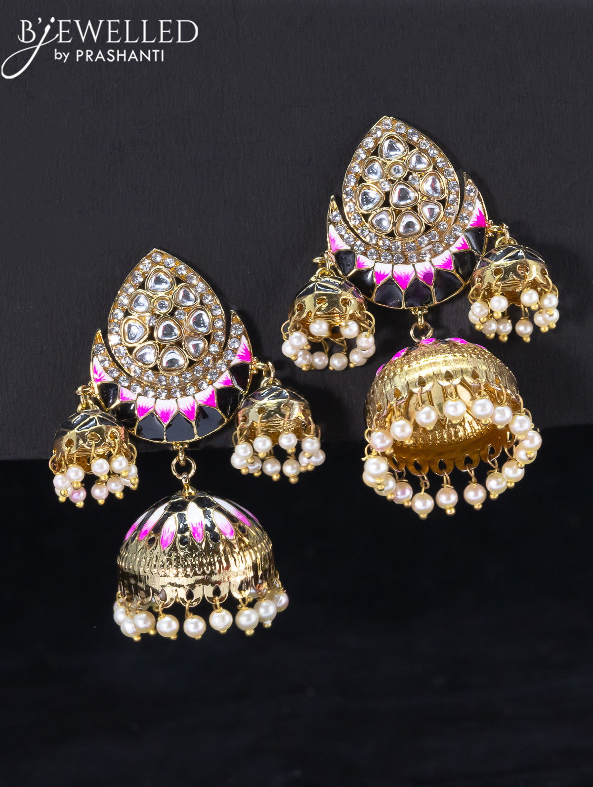 Light weight jhumka with black minakari and pearl hangings