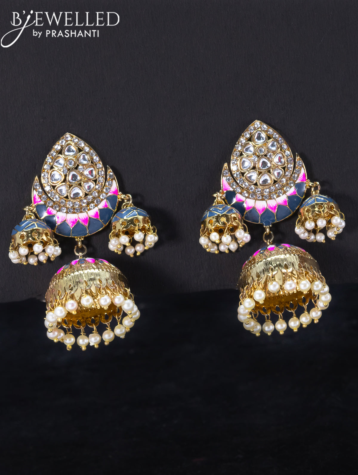 Light weight jhumka with blue minakari and pearl hangings