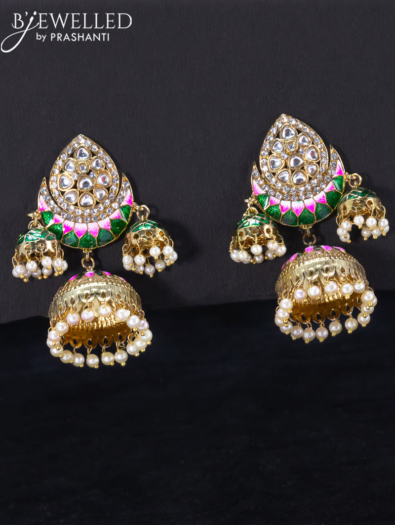 Light weight jhumka with green minakari and pearl hangings