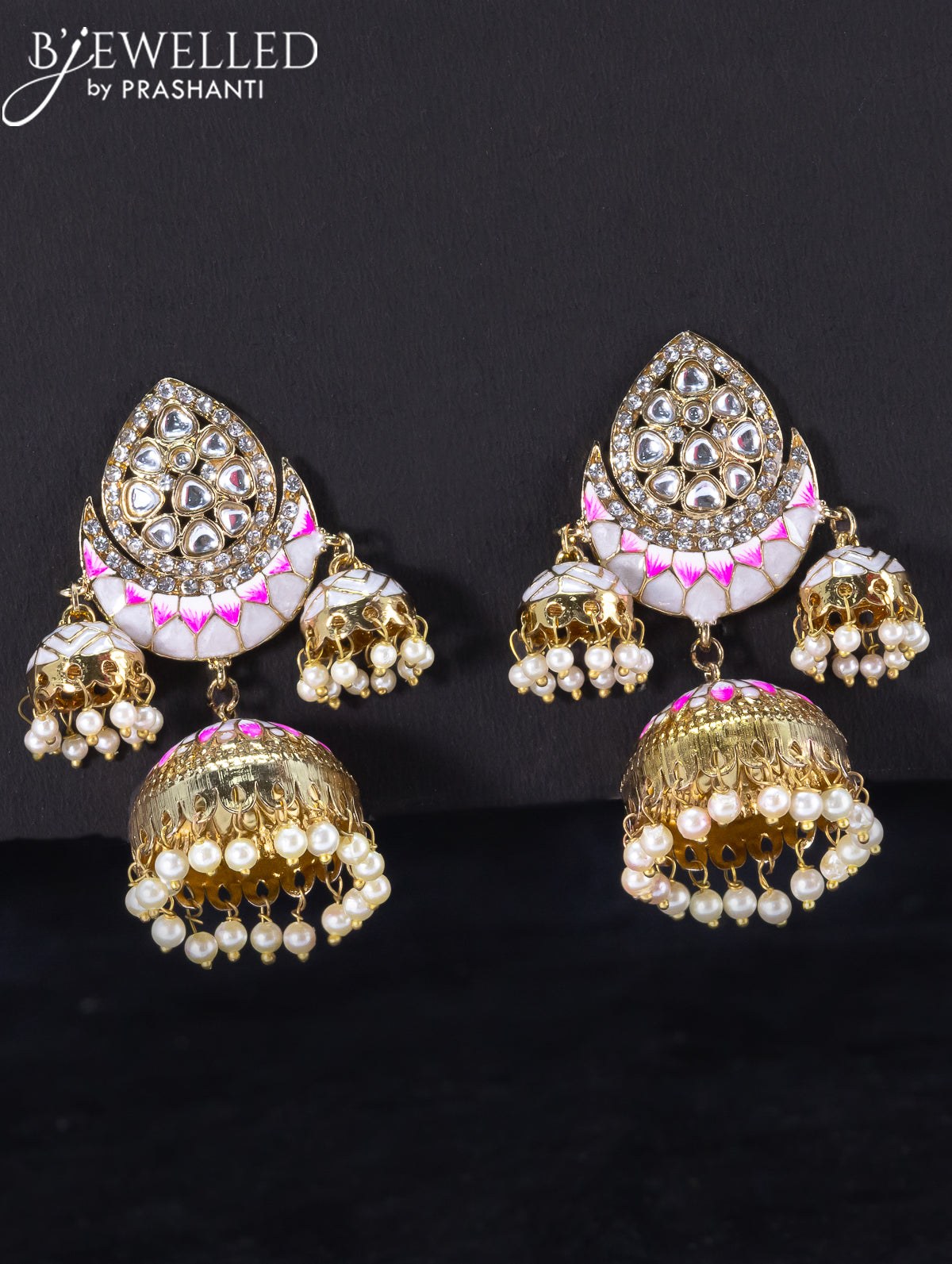 Light weight jhumka with grey minakari and pearl hangings
