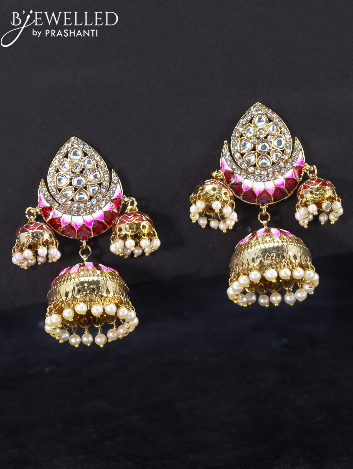 Light weight jhumka with maroon minakari and pearl hangings